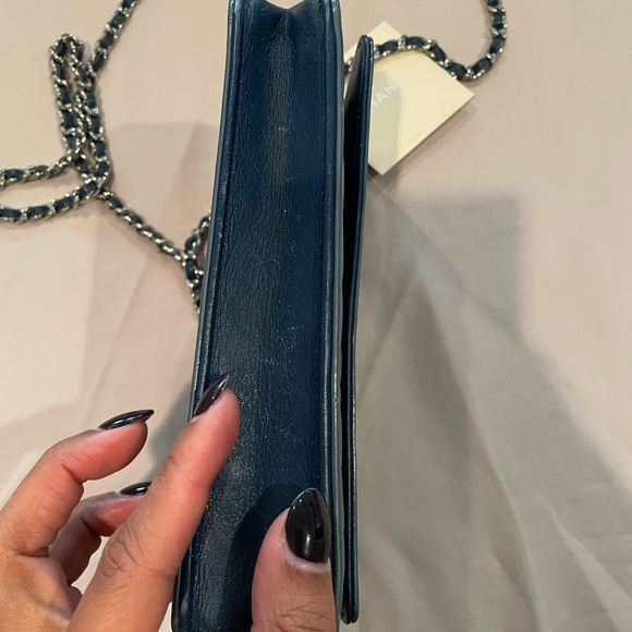 CHANEL Patent Leather Camellia Wallet on Chain WOC Blue - Picture 9 of 10